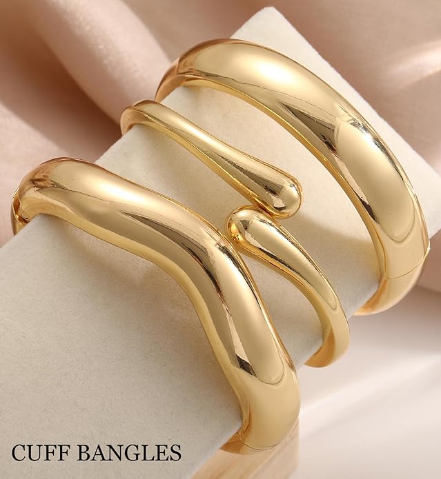 Chunky Gold Bangle Bracelets for Women, 14k Gold Plated Dainty Cuff Stackable Bangles Set, Trendy Bracelet Stack Fashion Jewelry Gifts