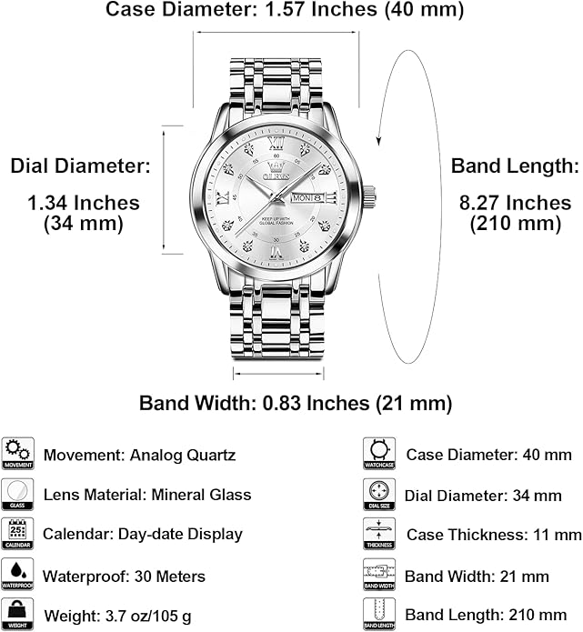 OLEVS Men's Stainless Steel Watch, Large Face Roman Numerals Diamond Accented Three-Hand Analog Quartz Watches for Men, Easy to Read Day Date Waterproof Luminous Mens Wristwatch