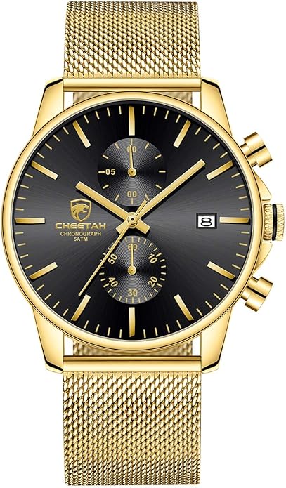 GOLDEN HOUR Mens Watch Fashion Sleek Minimalist Quartz Analog Mesh Stainless Steel Waterproof Chronograph Watches for Men with Auto Date