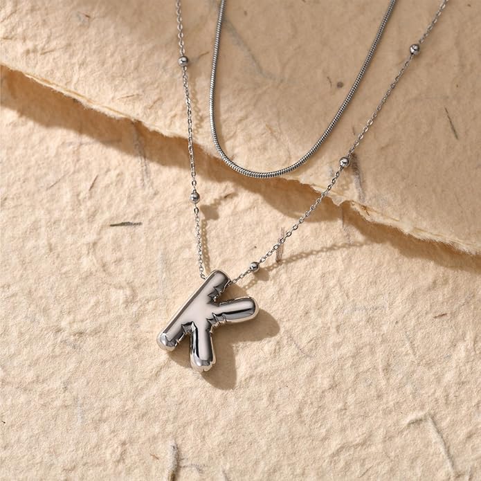 LUCA SMITH Initial Necklaces for Women, Dainty Balloon Bubble Letter, Name Letter Alphabet Pendant Layered Choker Chain Jewelry Gift