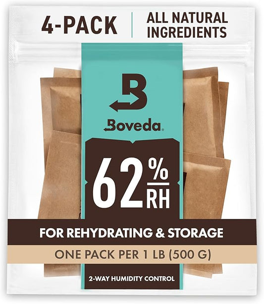 Boveda 62% Two-Way Humidity Control Packs For Storing 1 lb – Size 67 – 4 Pack – Moisture Absorbers for Storage Containers – Humidifier Packs – Hydration Packets in Resealable Bag