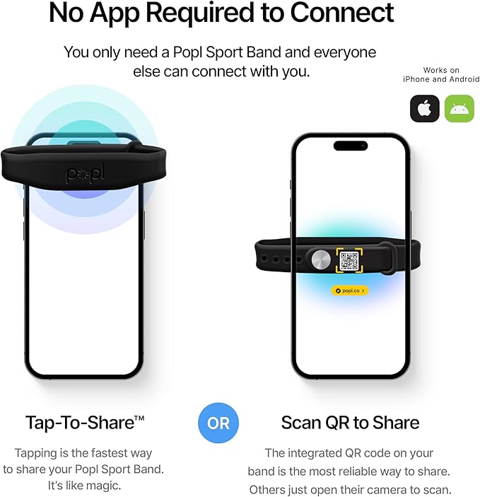 Popl Silicone Sport Band Digital Business Card Bracelet - Adjustable Waterproof NFC Wristband w/Instant App-Free Sharing - Wearable Tap Bracelets Compatible w/iPhone & Android (Black on Black)