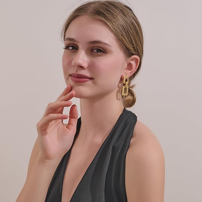 MUYAN Gold Silver Geometric Drop Dangle Earrings for Women Brushed Link Square Dangle Earrings Trendy Jewelry