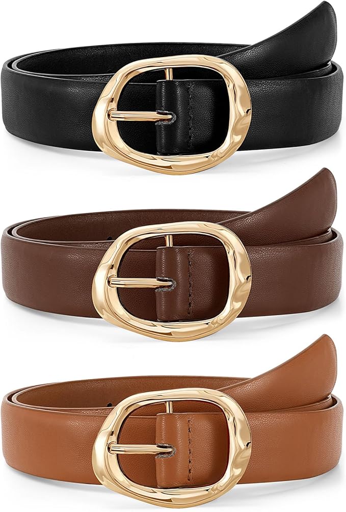 JASGOOD 3 Pack Women Belts for Jeans Pants Ladies Leather Waist Belt Casual Fashion Trend Belt for Women with Gold Buckle