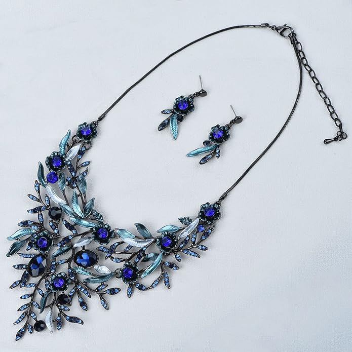 Vintage Women Beautiful Crystal Flower Enamel Blossom Flower Collar Bib Statement Necklace and Earrings Set for Women Wedding Bridal Prom