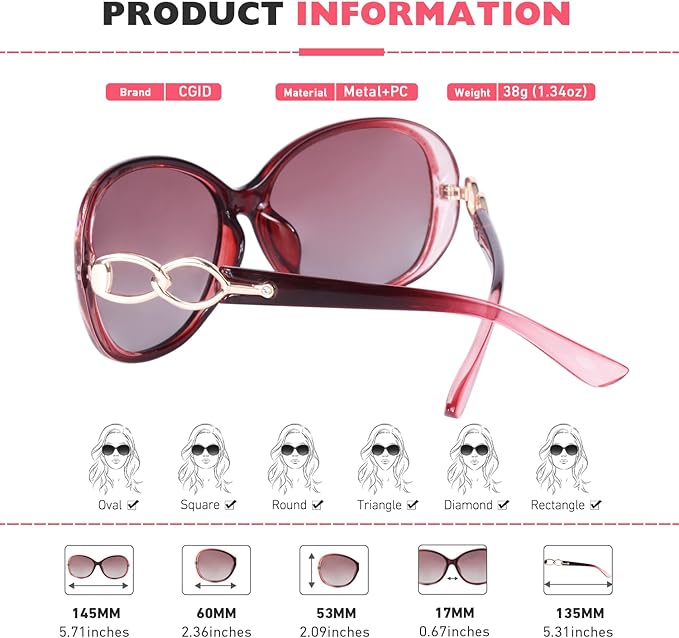 CGID Trendy Oversized Sunglasses Womens Ladies Polarized Retro Frame UV400 Shades Gradient Red