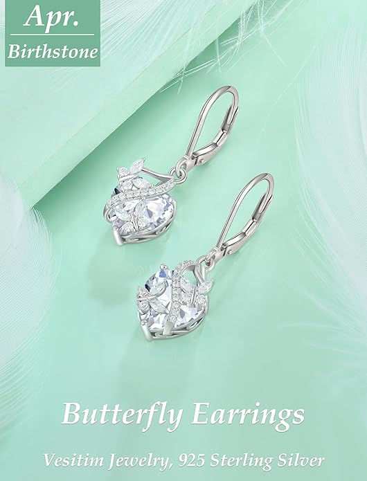 Butterfly Earrings for Women 925 Sterling Silver Heart Earring Birthstone Jewelry
