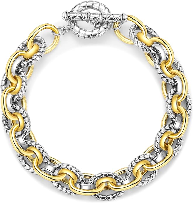 Mytys Link Bracelet for Women Gold and Silver 2 tone Circles Chain Wire Bangle Bracelets