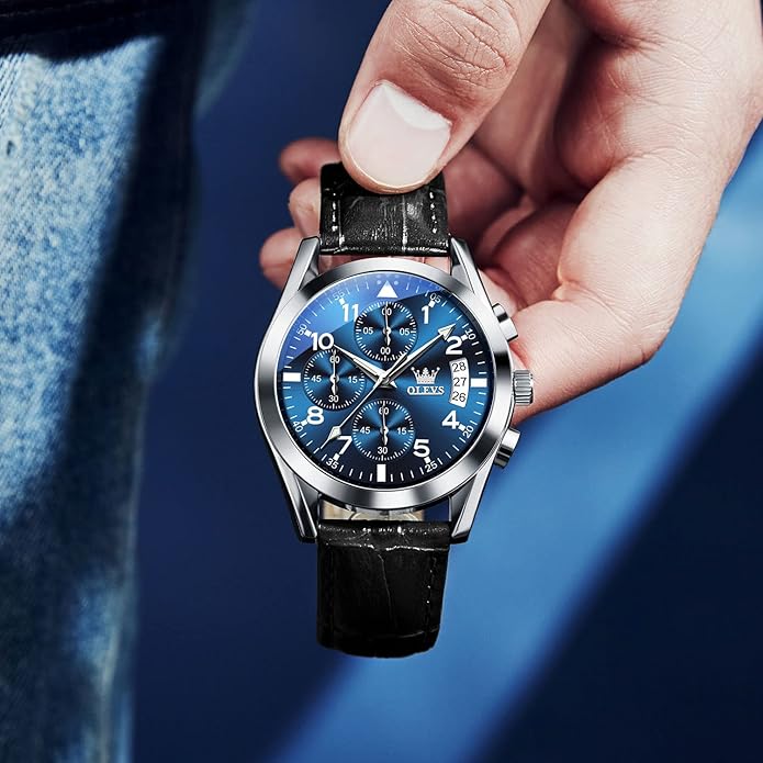 OLEVS Men's Casual Leather Watch, Big Face Chronograph Watch for Men, Fashion Easy to Read Dress Watch, Men's Waterproof Luminous Date Analog Watch, Gold/Black/White/Blue Dial