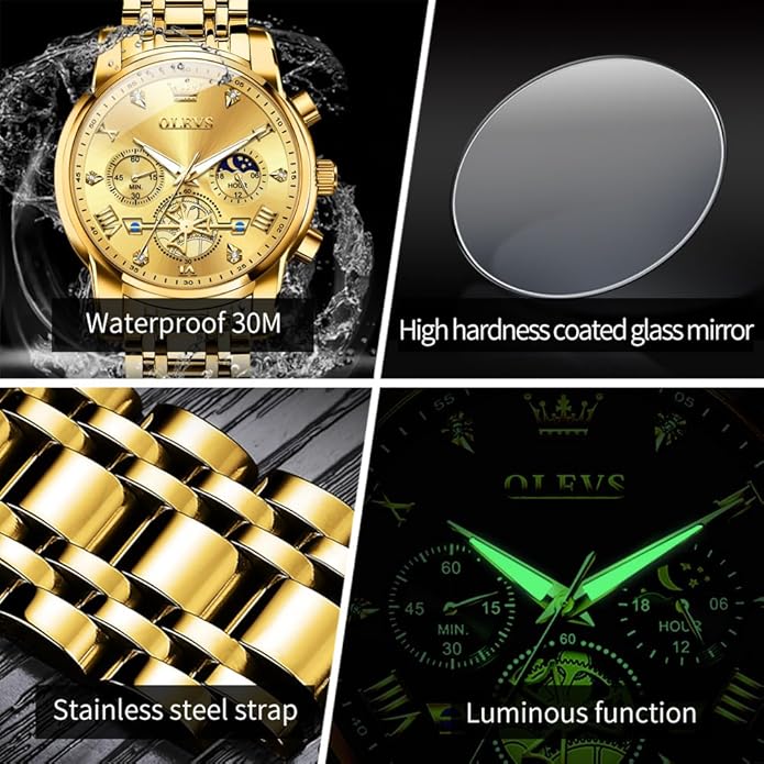 OLEVS Men Silver Watches,Men's Stainless Steel Chronograph Watch,Man Analog Quartz Big Face Male Watches Luxury Waterproof Roman Numeral Dress Diamond Relojes para Hombre