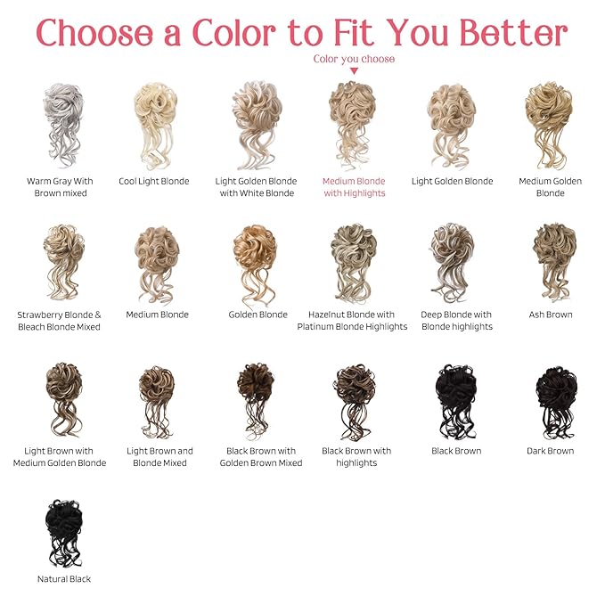 HOOJIH 2PCS Messy Bun Hair Piece, Tousled Updo with Tendrils Bun Extensions Wavy Curly Hair Wrap Ponytail Hairpieces for Women HB010 Dasiy - Medium Blonde with Highlights
