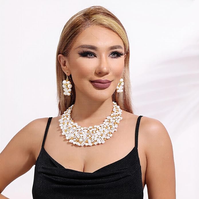 Bocar Fashion Crystal Chunky Collar Statement Necklace Earring Set for Women Gift (NK-10260)