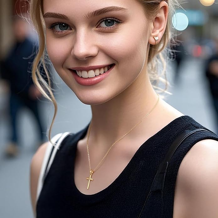 14K Gold Plated Cross Necklace for Women Small Cross Necklace for Women 14K Gold Plated Necklaces for Womens Trendy Modern Minimalist Inspiration Golden Plated Jewelry for Womens Crosses Pendant (A-Cross)