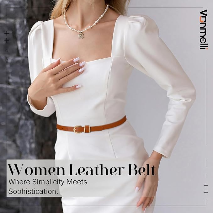 VONMELLI Womens Skinny Leather Belt Thin Waist Belts for Women Fashion Dress Jeans with Gold Buckle