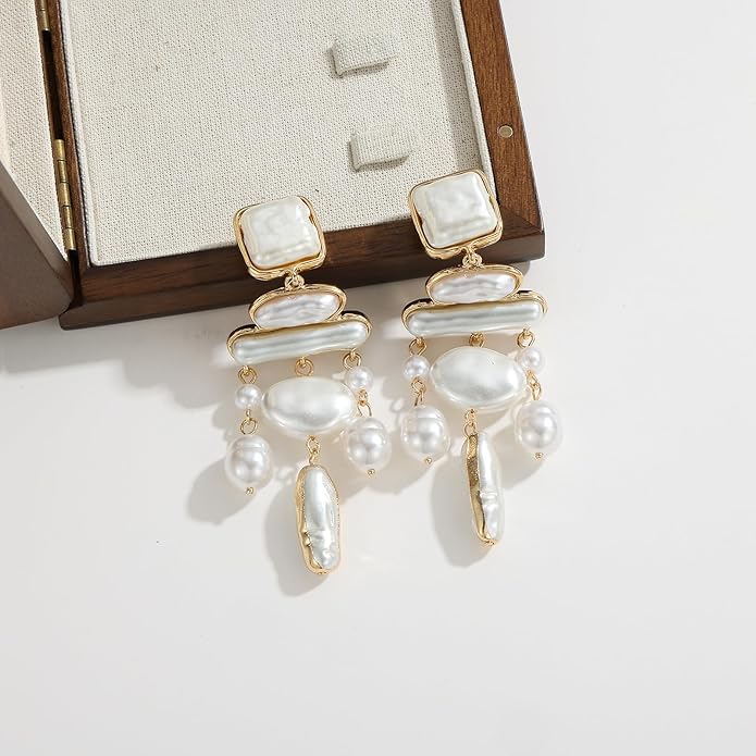 Statement Pearl Dangle Earrings,Gold and Large Pearl,Luxury Chandelier Organic Style Earrings