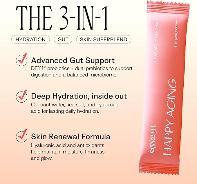 Happy Aging Happiest Gut Hydration Powder – Electrolytes + Probiotics + Dual Prebiotics + Hyaluronic Acid – Gut Balance, Skin Hydration & Daily Wellness – 12 Sticks (Strawberry Lemonade)