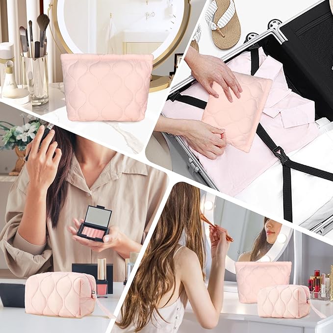 SERENEDWELLING2 PCS Quilted Makeup Bag Set Coquette Cosmetic Bag Toiletry Travel Organizer, Small Medium Large, Cute Portable Puffy for Women Girls, Pink