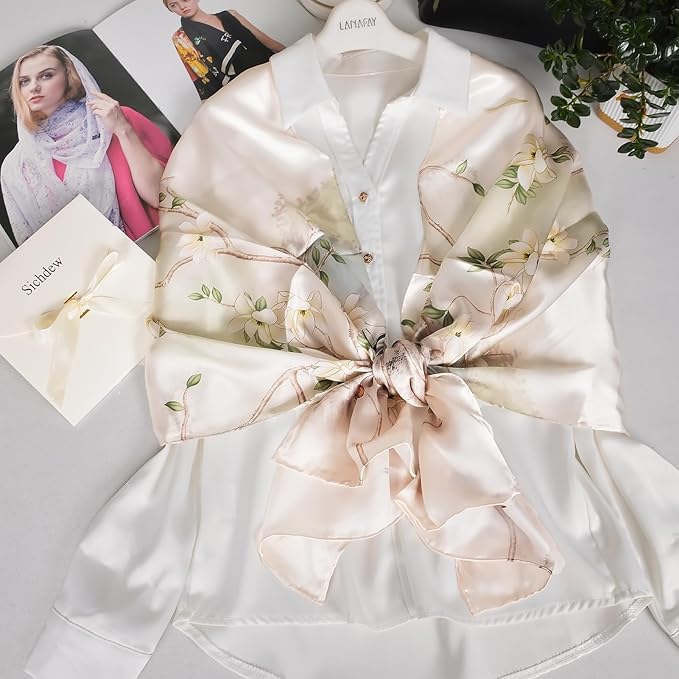100% Mulberry Silk Scarf for Women Neck Oblong Headscarves Long Floral Print Lightweight Silk Wraps Shawls 67"*20"