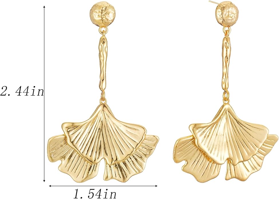 Large Gold Earrings for Women, Chunky Gold Statement Drop Dangle Earring Maple Leave Ginko Leaf Jewelry Gifts
