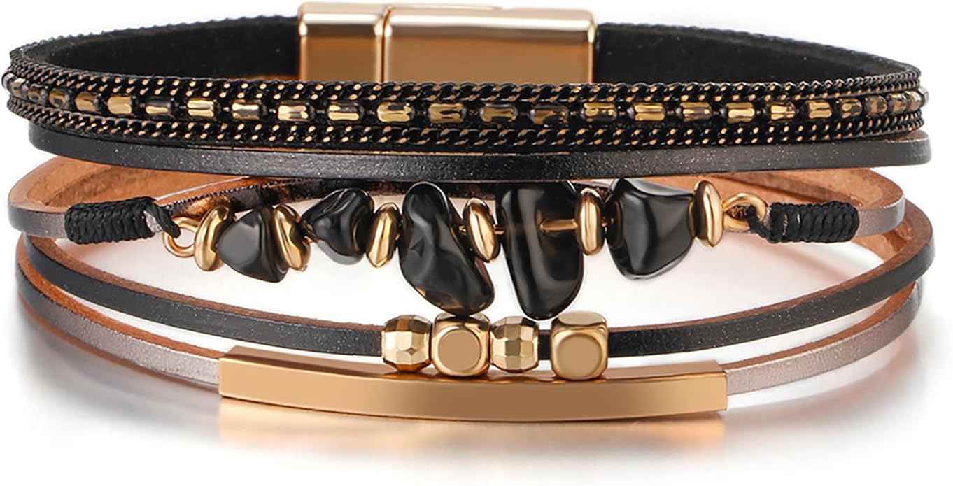 Fesciory Leather Wrap Bracelets for Women, Boho Leopard Multi-Layer Crystal Beads Cuff Bracelet Jewelry