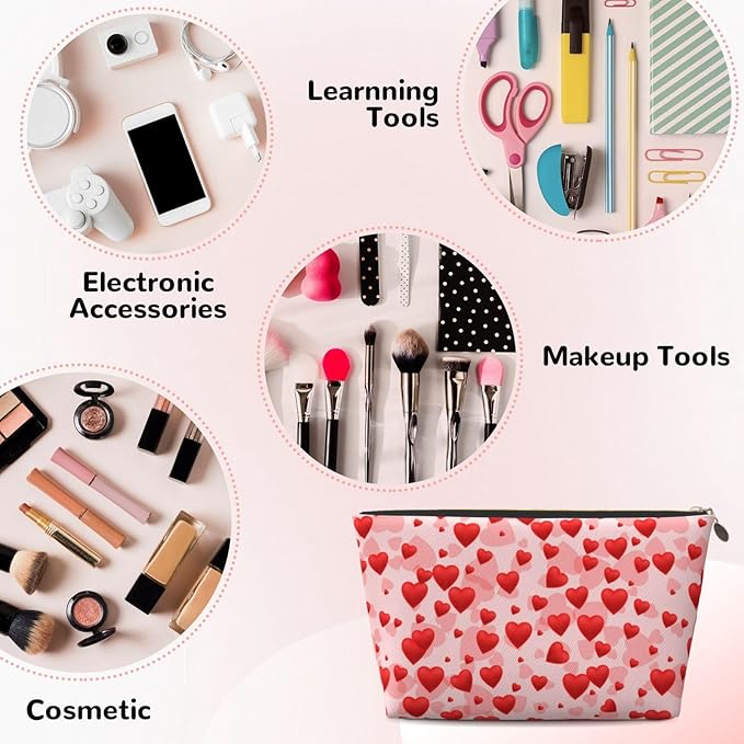 Cute Valentine's Day Hearts Makeup Bag Zipper Pouch Travel Portable Cosmetic Bag Organizer for Women