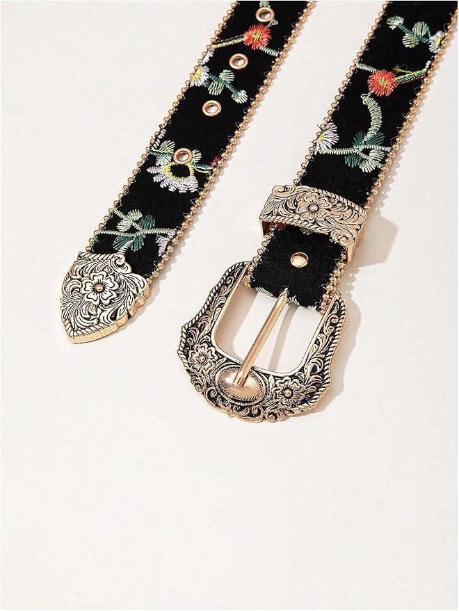 Women's Floral Embroidery Genuine Leather Belt Vintage Square Buckle