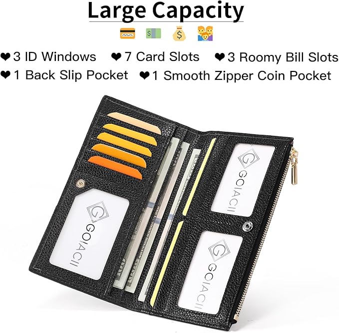 Slim Blue Wallet for Women, RFID Blocking Genuine Leather Bifold with Secure Zippered Coin Pocket (Black)