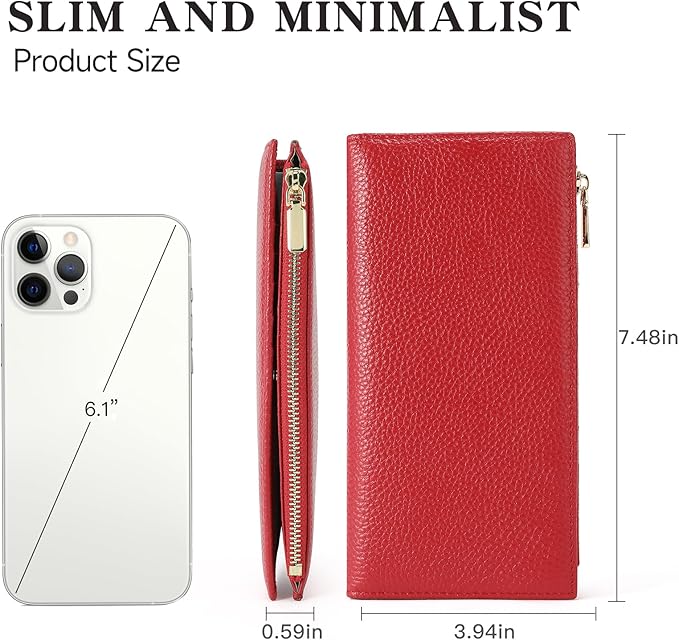 Slim Blue Wallet for Women, RFID Blocking Genuine Leather Bifold with Secure Zippered Coin Pocket (Red)