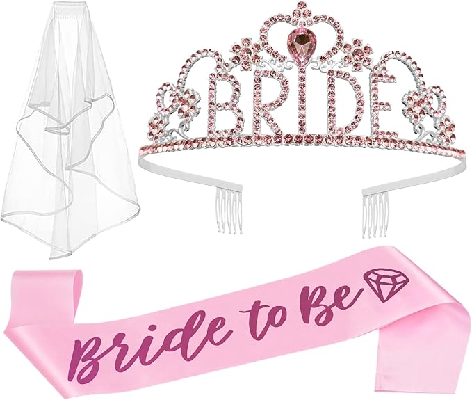 JETKONG 3 Pcs Bachelorette Party Decorations BRIDE Crown, Bride to Be Sash&Veil for Women Bachelorette Party Gifts, Bridal Shower Supplies, Gifts, Favors (Pink)