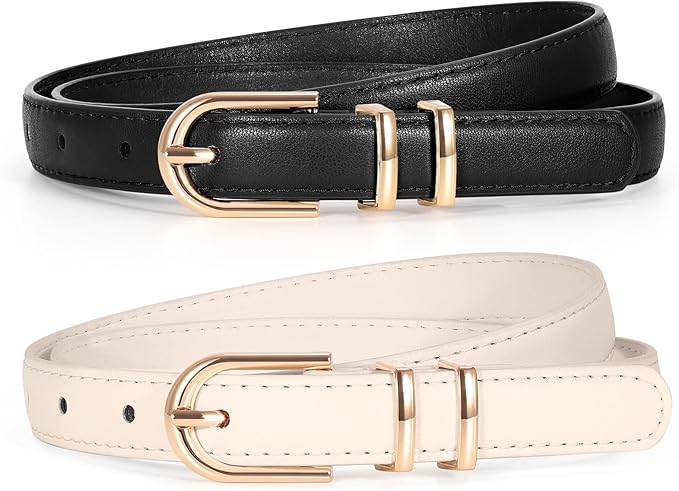 2 Pack Women Skinny Leather Belts for Jeans Pants Thin Faux Leather Belt with Gold Buckle