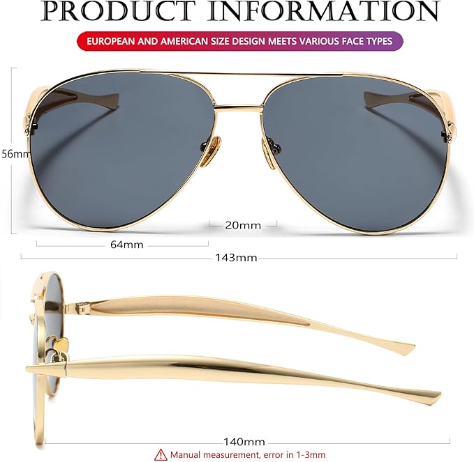 AIEYEZO Gold Aviator Sunglasses for Women Men Oversized Thick Frame Sun Glasses Fashion Retro Sardine Pilot Shades