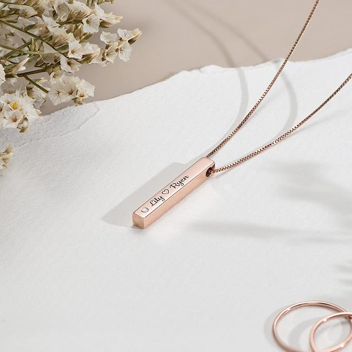 OAK & LUNA - Personalized Pillar Bar Necklace with Diamond Options - Custom Inscription Engraved Pendant - Up to 4 Names - Jewelry Gift for Women, Her, Mother For Mother's Day, Christmas