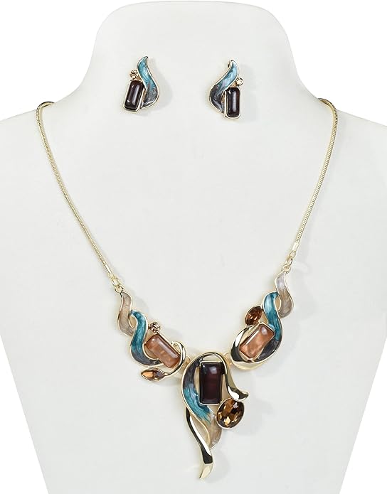 Retro Women's Crystal Floral Petal Leaf Chunky Statement Necklace and Earrings Set Party Jewelry