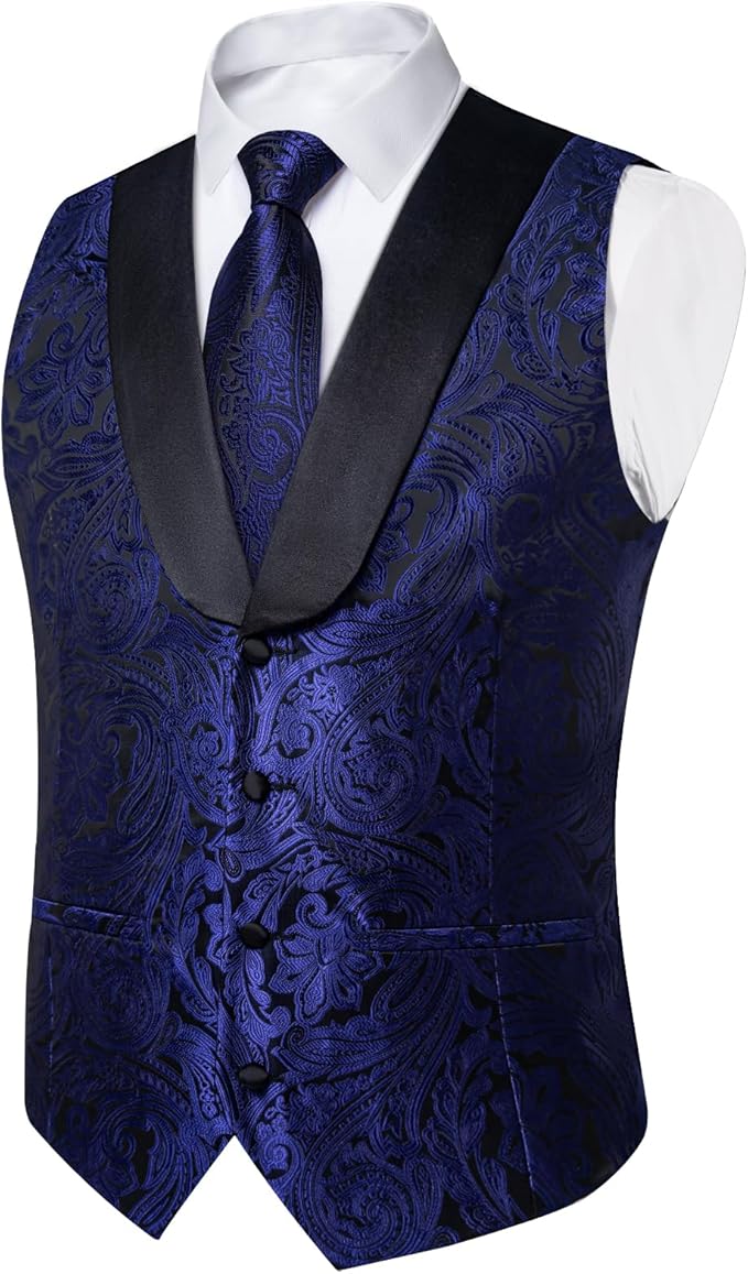 DiBanGu Mens Paisley Suit Vest Silk Jacquard Waistcoat and Necktie Set Formal Shawl Collar Dress Vest 7PCS for Wedding Party