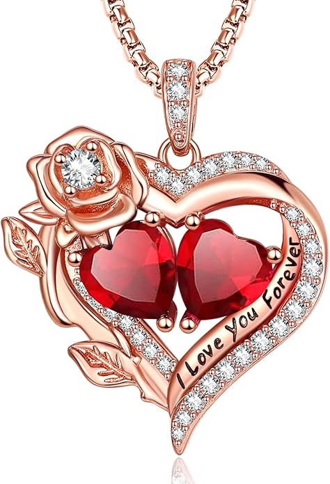 Rose Heart Necklaces for Women, Rose Gold Forever Love Jewelry with 2 Birthstones Pendant, Christmas Anniversarry Birthday Gifts for Her Wife Mom Grandma, 18+2 Inch Chain