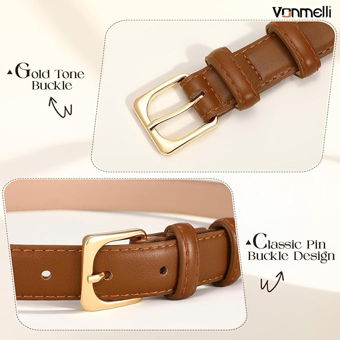 VONMELLI Womens Thin Leather Belt for Jeans Pants Dress Fashion Skinny Belt with Gold Buckle for Women
