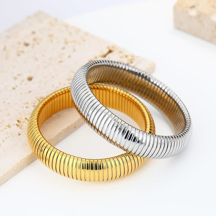 MISS RIGHT Gold Chunky Stretch Snake Chain Bangle Bracelets Stack for Women Trendy, 18K Gold Filled Stainless Steel Stretchy Womens Stackable Wristband Bangles Bracelet Set