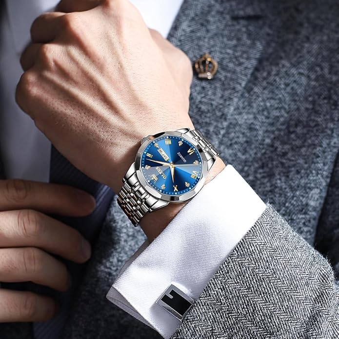 Men's Casual Stainless Steel Watch, Big Face Easy to Read Analog Quartz Watch with Day and Date, Classic Waterproof Diamond Roman Arabic Numerals Dial Dress Watch for Men, Gold Silver Black Band