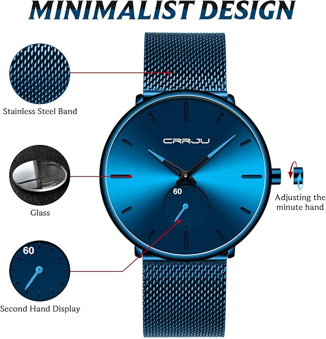 Mens Watches Ultra-Thin Minimalist Waterproof - Fashion Wrist Watch for Men Unisex Dress with Stainless Steel Mesh Band