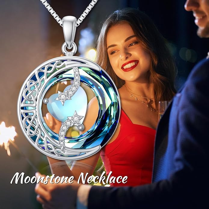 TOUPOP Birthstone Necklace 925 Sterling Silver Moon and Star Pendant with Blue Crystal Celtic Moon Jewelry Birthday Valentines Day Gifts for Women Mom Wife Her