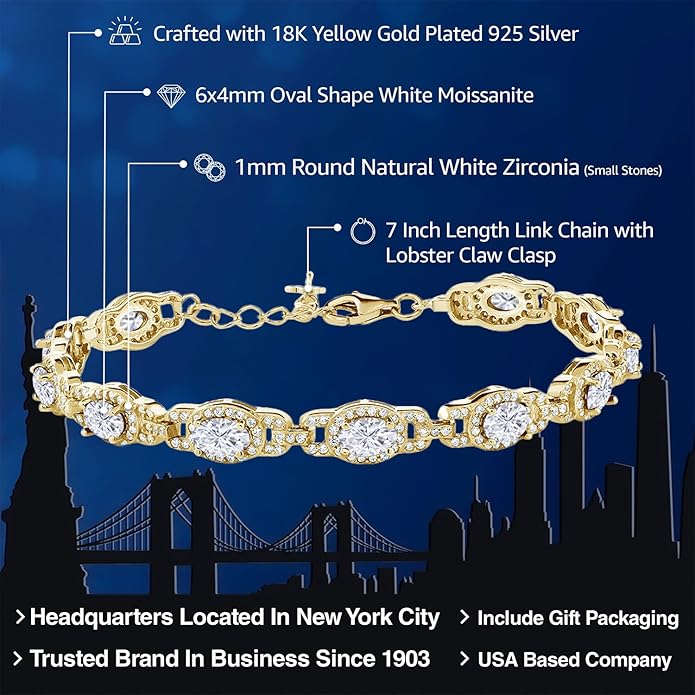 Gem Stone King 18K Yellow Gold Plated Silver Oval Gemstone Birthstone Tennis Bracelet For Women | Oval 6X4MM | 7 Inch With 1 Inch Extender | Fine Jewelry Gifts for Her Mom Women Wife