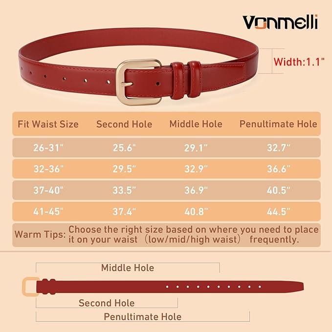 VONMELLI Leather Belts for Women Fashion Wasit Ladies Belt for Jeans Pants Dresses with Pin Buckle