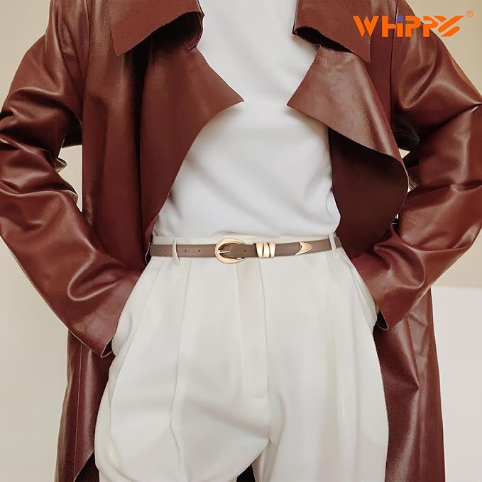 WHIPPY Women Skinny Leather Belt for Jeans Pants Dresses Ladies Fashion Waist Belt with Shiny Gold Buckle