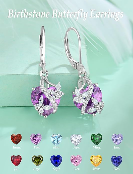 Butterfly Earrings for Women 925 Sterling Silver Heart Earring Birthstone Jewelry