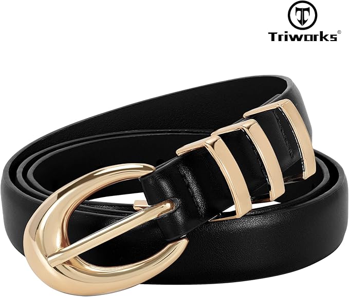TRIWORKS Women Leather Belt for Jeans Pants Fashion Ladies Skinny Faux Leather Dress belt with Gold Buckle