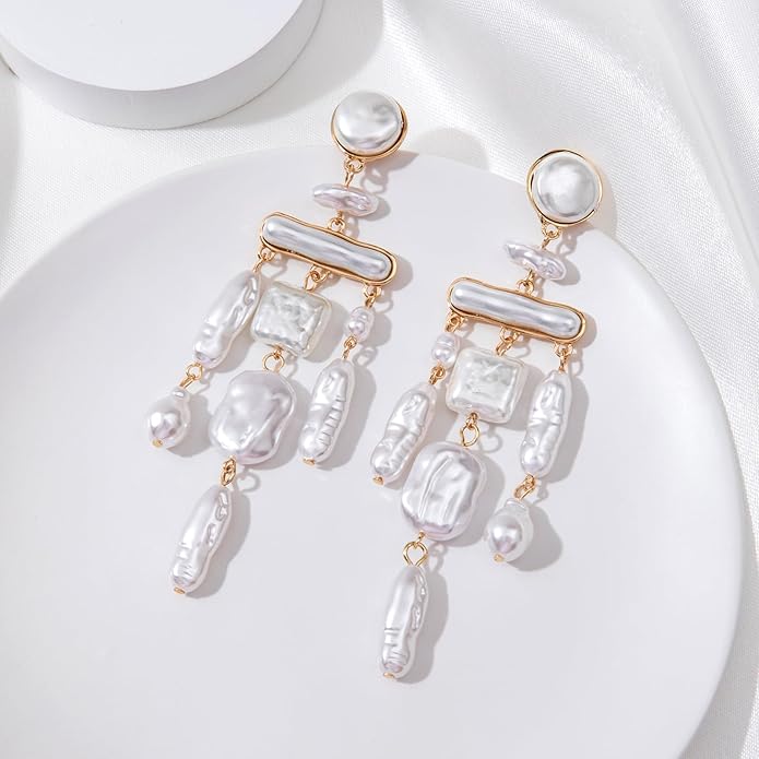 Statement Pearl Dangle Earrings,Gold and Large Pearl,Luxury Chandelier Organic Style Earrings