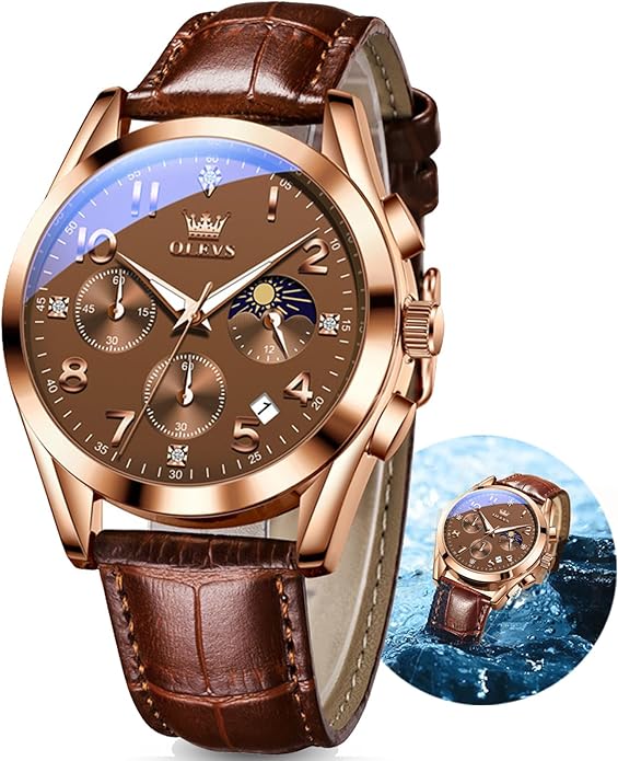 OLEVS Men's Watches Brown Leather with Date,Casual Watches for Men,Large Face Watches Men,Chronograph Mens Watch,Sport Waterproof Business Dress Analog Quartz Men's Wrist Watches Reloj De Hombre