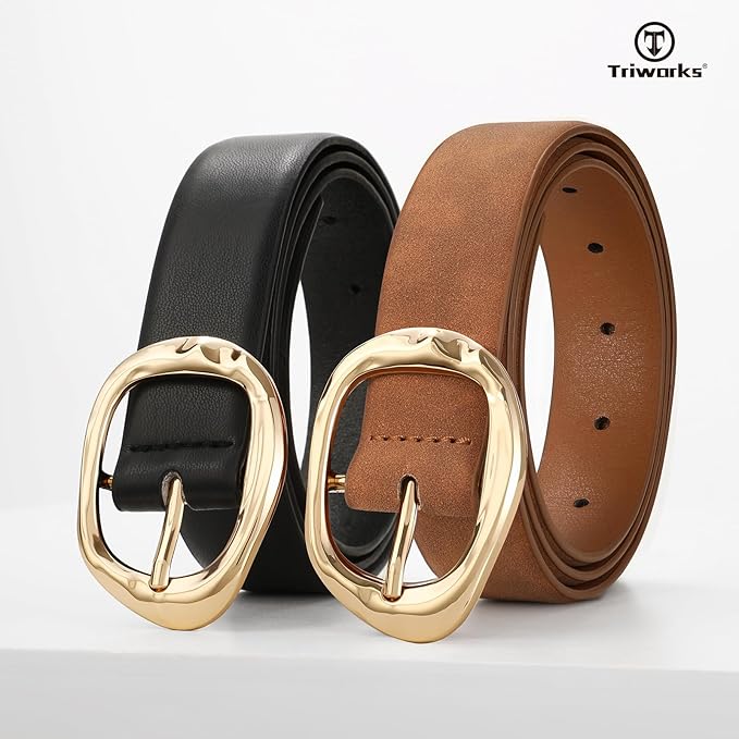 TRIWORKS 2 Pack Leather Belts for Women Fashion Waist Belt with Liquid Shapes Women Belt for Jeans Pants Dresses