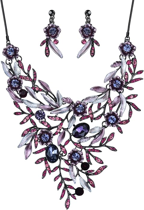 Vintage Women Beautiful Crystal Flower Enamel Blossom Flower Collar Bib Statement Necklace and Earrings Set for Women Wedding Bridal Prom