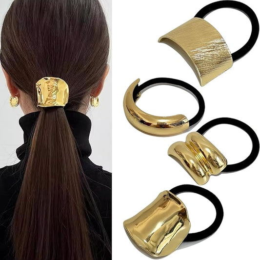 4PCS Golden Metal Hair Ties – No Damage Thick Band, High Elasticity, Durable, Stylish Golden Geometric Ponytail Holders Hair Accessories for Women